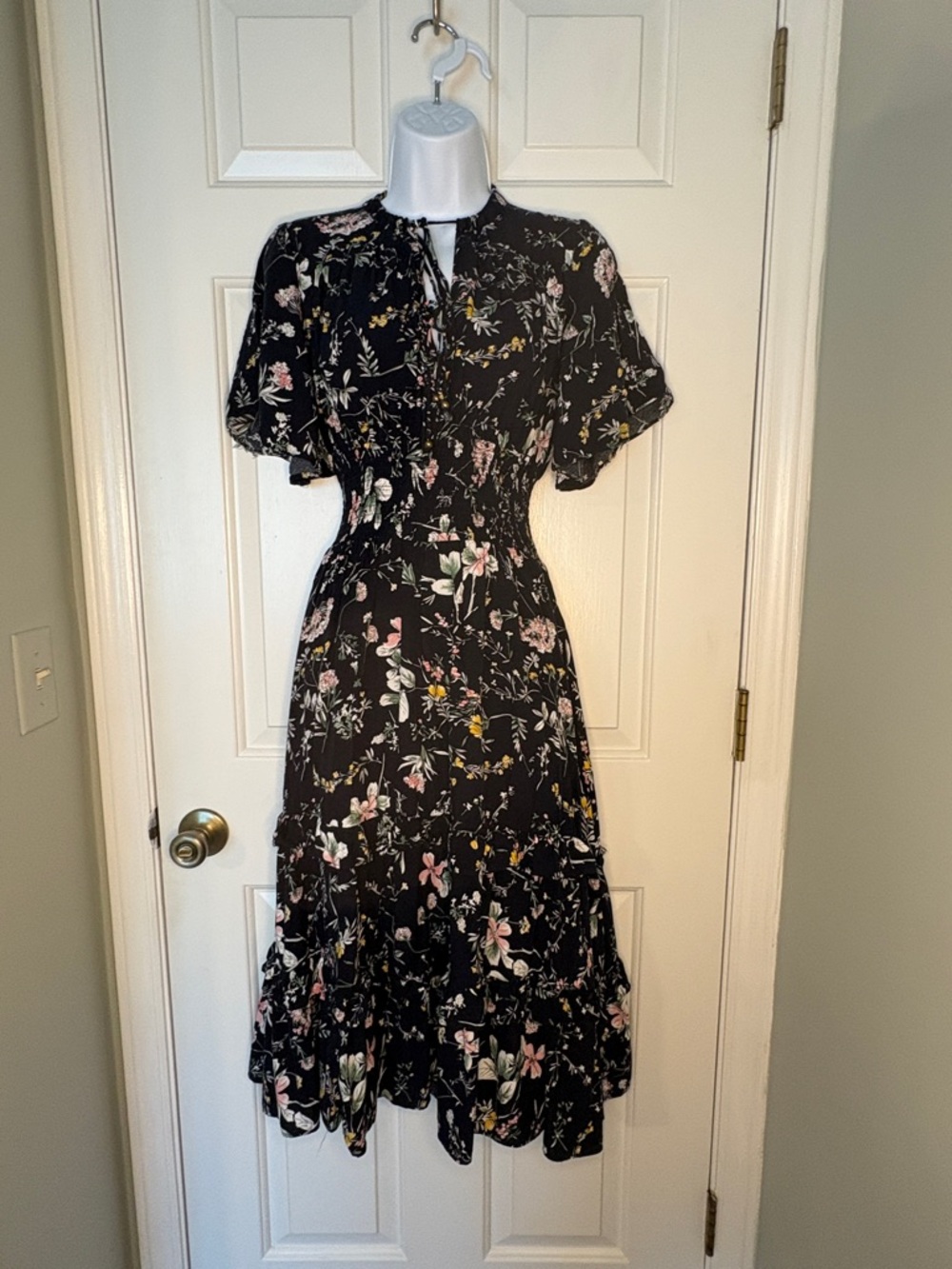 Baltic Born Navy Spell Floral Midi Dress with Tie Neck